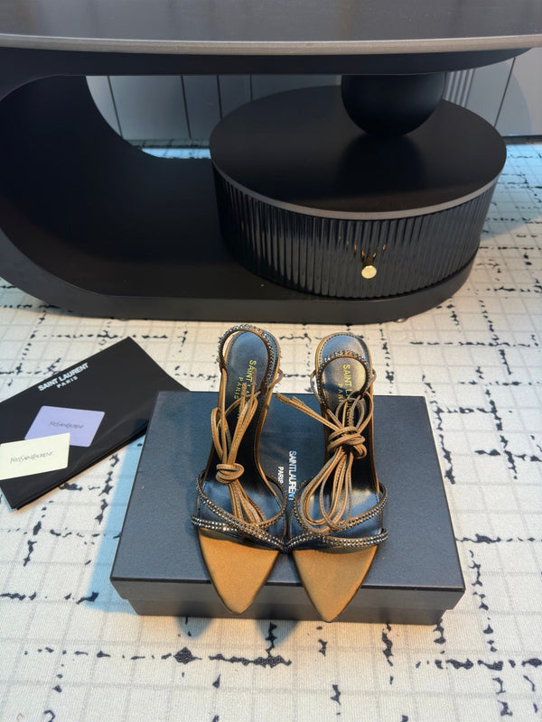 HIGH HEEL SANDALS WITH SHINY RHINESTONES STRAP IN GOLDEN BROWN SILK