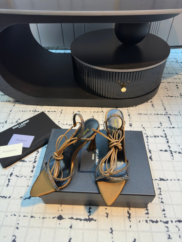 HIGH HEEL SANDALS WITH SHINY RHINESTONES STRAP IN GOLDEN BROWN SILK