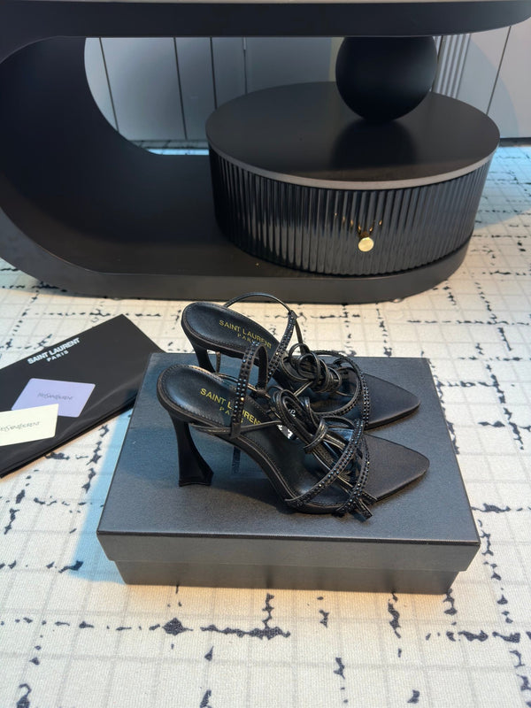 HIGH HEEL SANDALS WITH SHINY RHINESTONES STRAP IN BLACK SILK