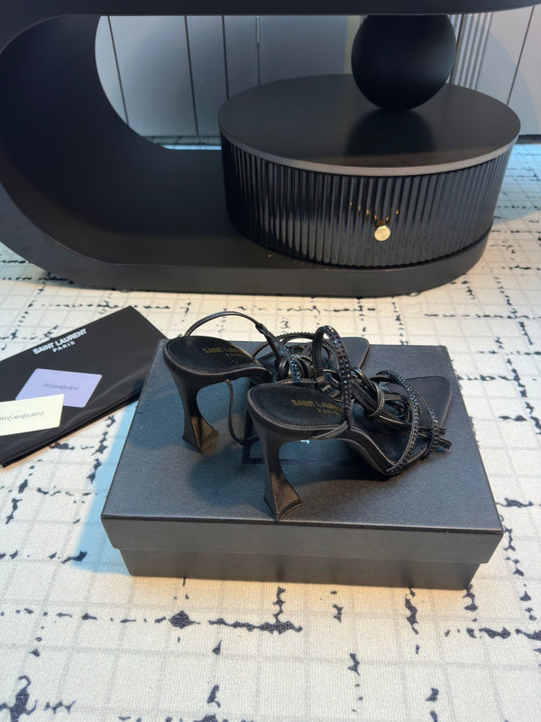 HIGH HEEL SANDALS WITH SHINY RHINESTONES STRAP IN BLACK SILK