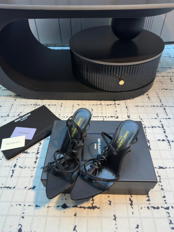 HIGH HEEL SANDALS WITH SHINY RHINESTONES STRAP IN BLACK SILK