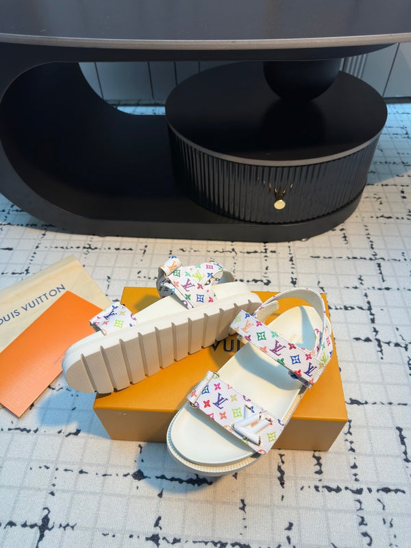 LV LV x TM LV Sunset Flat Comfort Sandal White with Monogram Multicolore Leather 218915