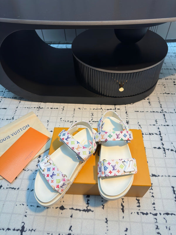 LV LV x TM LV Sunset Flat Comfort Sandal White with Monogram Multicolore Leather 218915