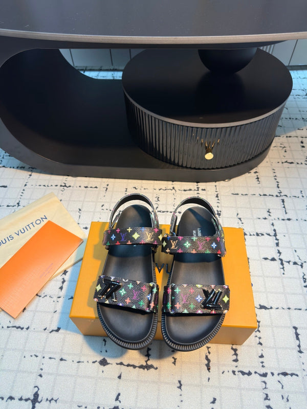 LV LV x TM LV Sunset Flat Comfort Sandal Black with Monogram Multicolore Leather 218916