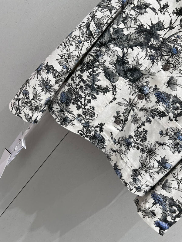 CD 25 Plant Flower Print Denim Jacket White Gray Cotton 205152