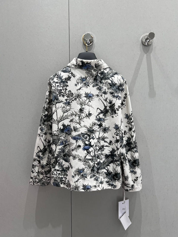 CD 25 Plant Flower Print Denim Jacket White Gray Cotton 205152