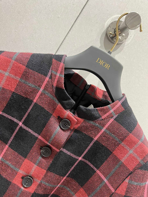 CD 25 Plaid Short-sleeved Dress Black Red Sheep Wool