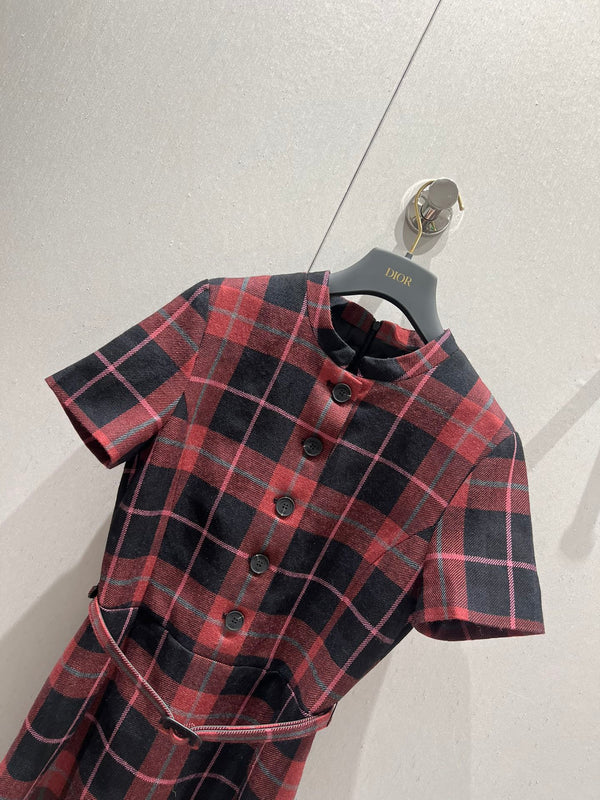 CD 25 Plaid Short-sleeved Dress Black Red Sheep Wool