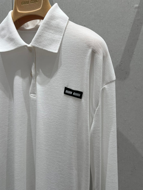 Miu Miu Ribbed Knitted Long-sleeved Polo Shirt White Cotton 208569
