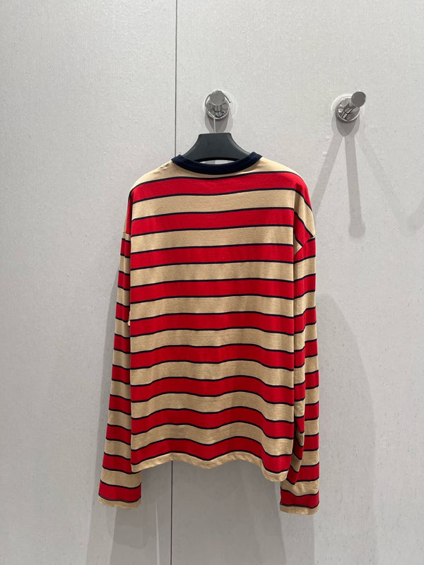 Prada 25 Striped Long-sleeved T-shirt Red mix Beige Cotton 209619