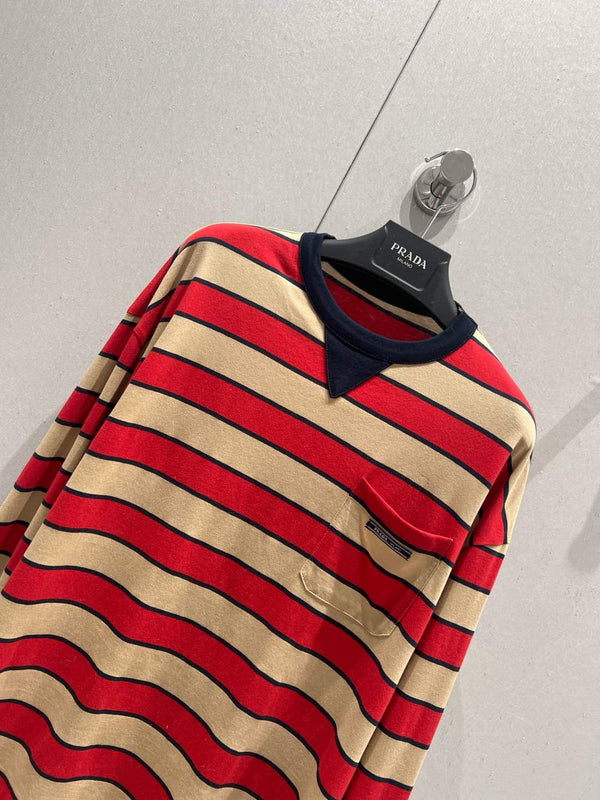 Prada 25 Striped Long-sleeved T-shirt Red mix Beige Cotton 209619