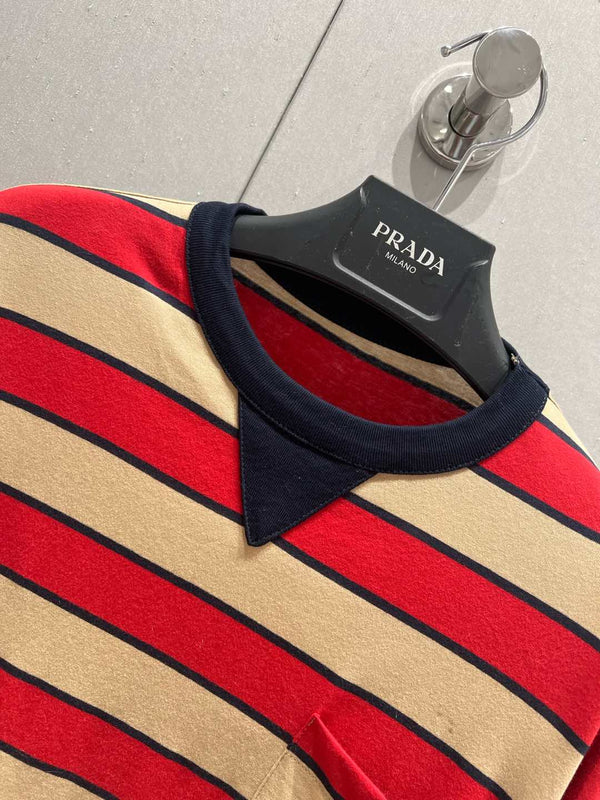 Prada 25 Striped Long-sleeved T-shirt Red mix Beige Cotton 209619