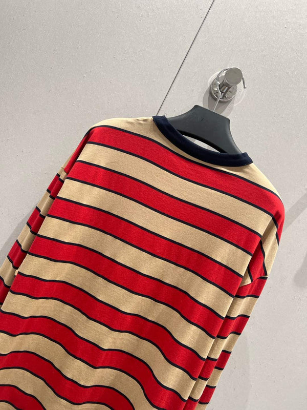 Prada 25 Striped Long-sleeved T-shirt Red mix Beige Cotton 209619