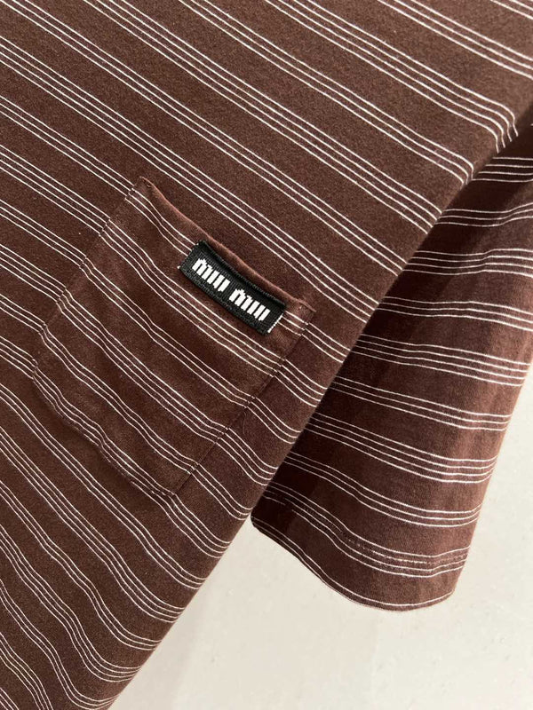 Miu Miu 25 Striped Round Neck Short-sleeved T-shirt Brown Cotton
