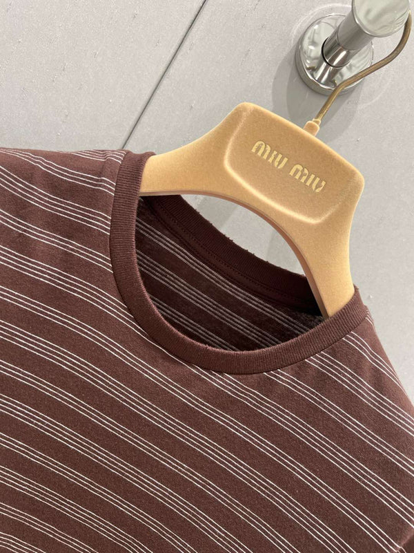 Miu Miu 25 Striped Round Neck Short-sleeved T-shirt Brown Cotton