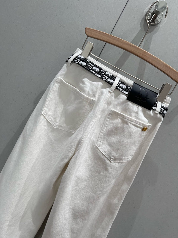 CD 25 Belt Decorated Double Pocket Jeans White Cotton 209950