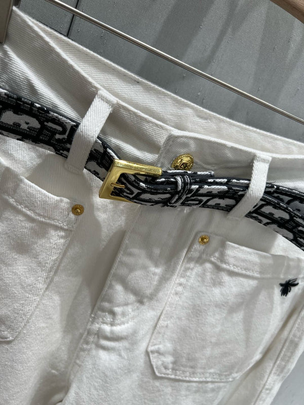 CD 25 Belt Decorated Double Pocket Jeans White Cotton 209950