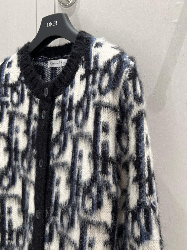 CD 25 Knitted Round Neck Cardigan Black White Mohair wool 210006