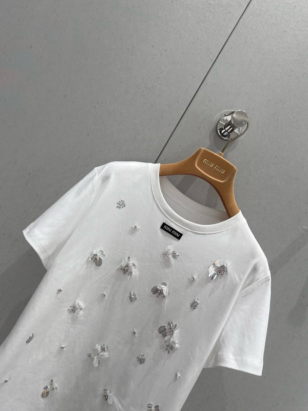 Miu Miu 25 beaded sequined flower short-sleeved T-shirt White Cotton 210497