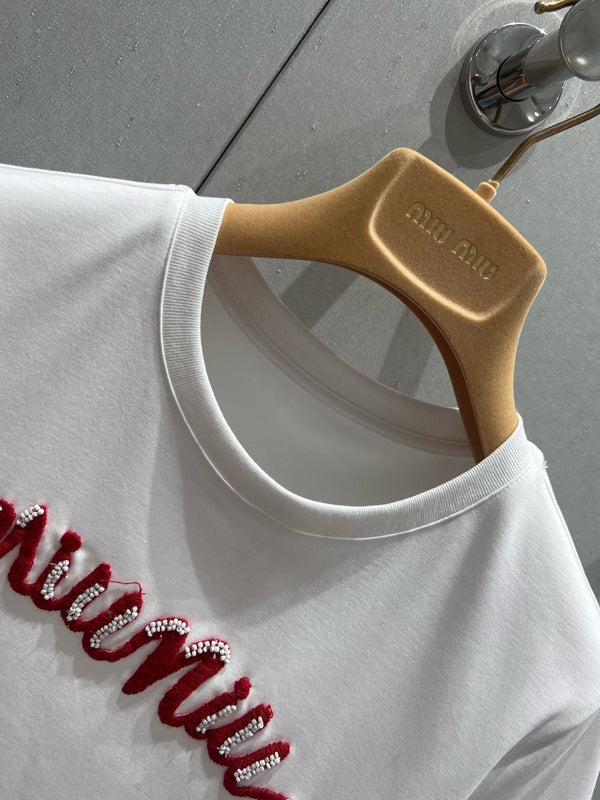 Miu Miu 25 Beaded Short Sleeve T-shirt White Red Cotton 210556