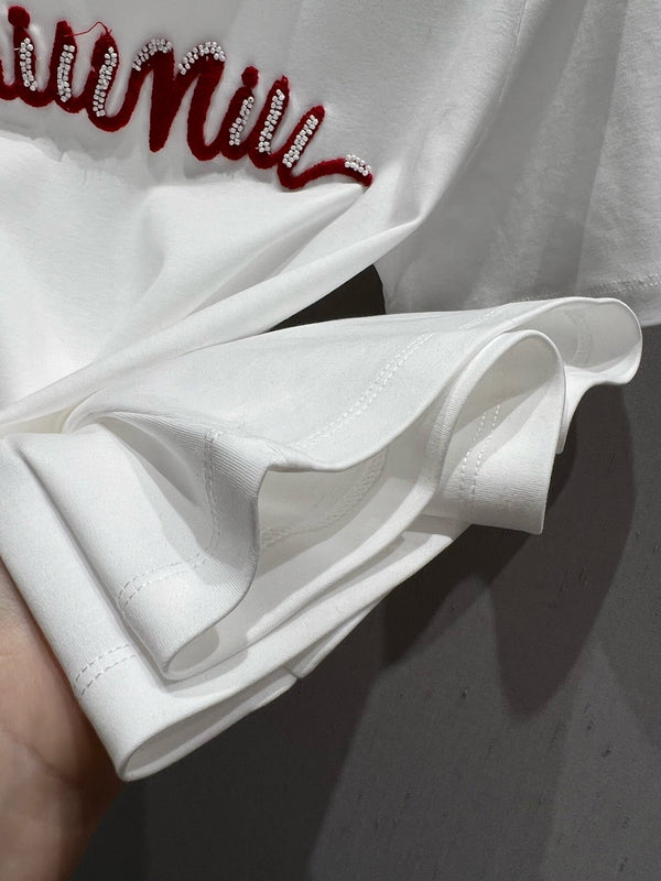 Miu Miu 25 Beaded Short Sleeve T-shirt White Red Cotton 210556