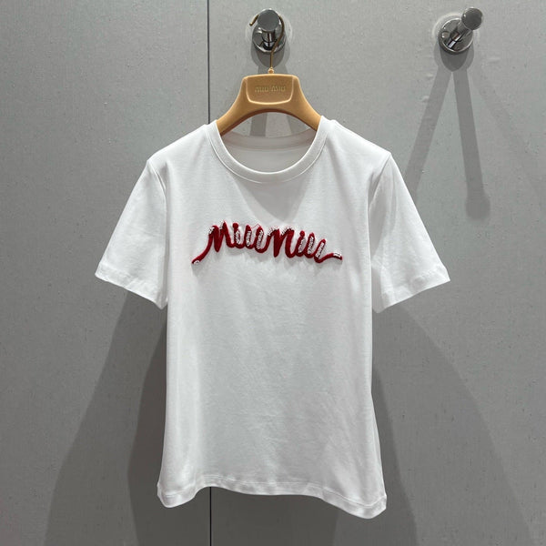 Miu Miu 25 Beaded Short Sleeve T-shirt White Red Cotton 210556