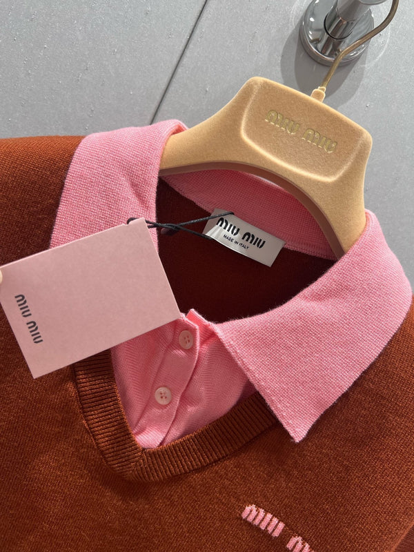 Miu Miu 25 Two-piece Vest Polo short-sleeved Knitted Top Pink Brown Wool 210563