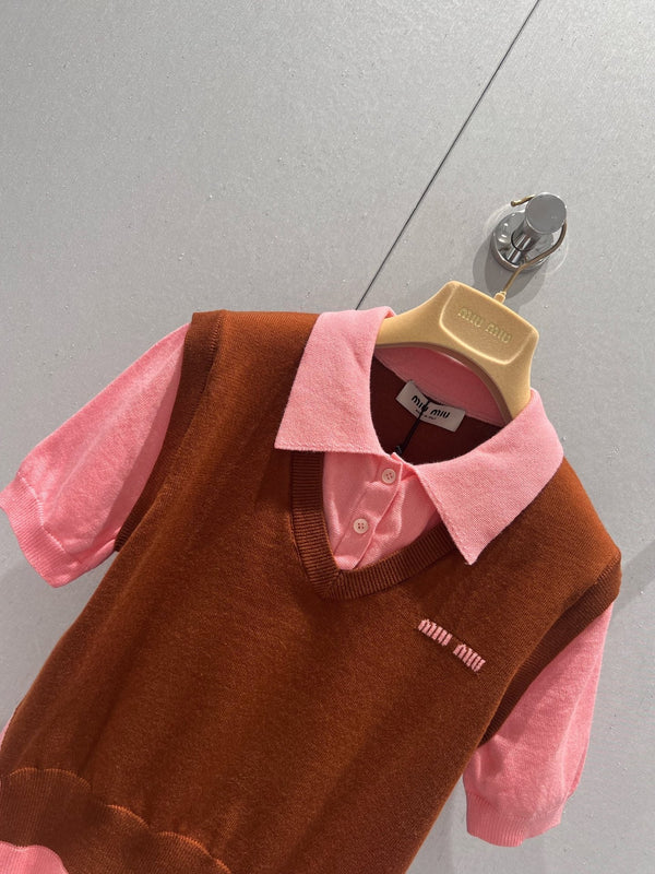 Miu Miu 25 Two-piece Vest Polo short-sleeved Knitted Top Pink Brown Wool 210563