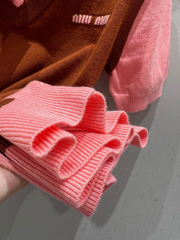 Miu Miu 25 Two-piece Vest Polo short-sleeved Knitted Top Pink Brown Wool 210563