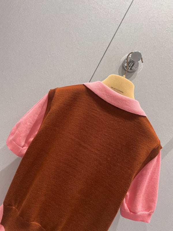 Miu Miu 25 Two-piece Vest Polo short-sleeved Knitted Top Pink Brown Wool 210563