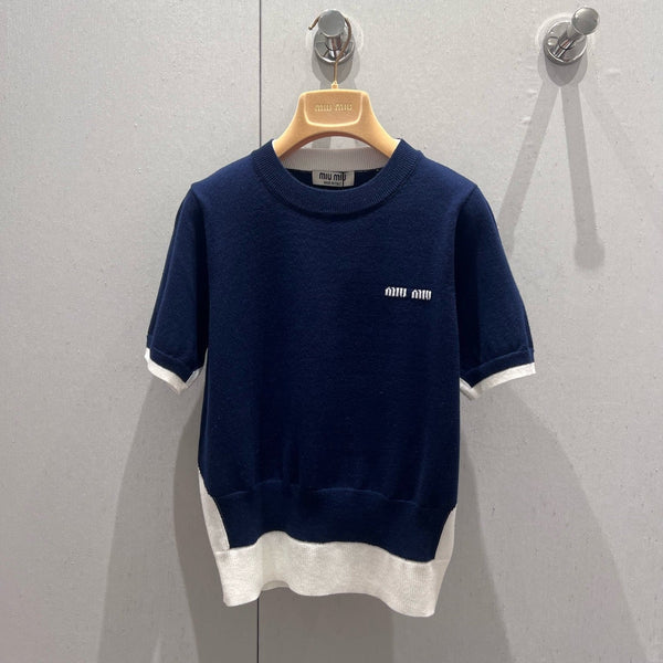 Miu Miu 25 Two-piece Knitted Short-sleeved Top Blue White Wool 210549