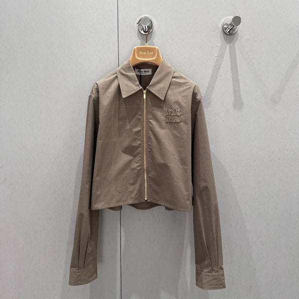 Miu Miu 25 Plaid Lapel Zipper Shirt Brown Cotton 211152