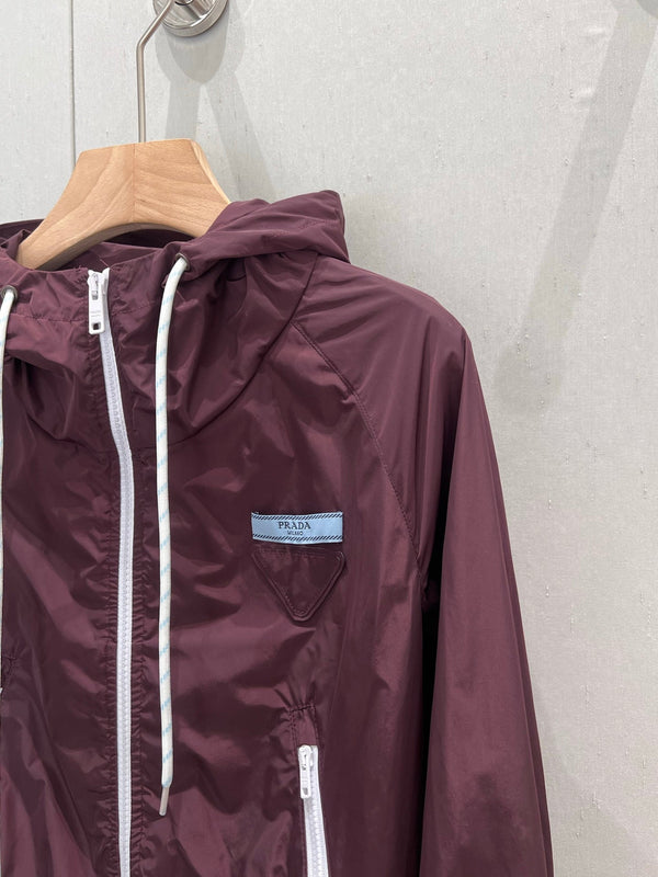 Prada 25 Short Hooded Jacket Red Burgundy Poliamide 211160