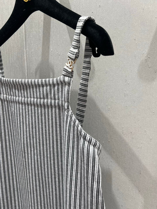 CC 25 Striped Suspender Skirt Gray White Cotton