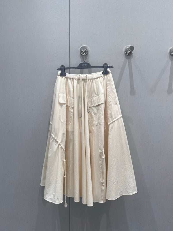 Prada 25 Drawstring Elastic Waist Umbrella Skirt Beige Cotton 215066