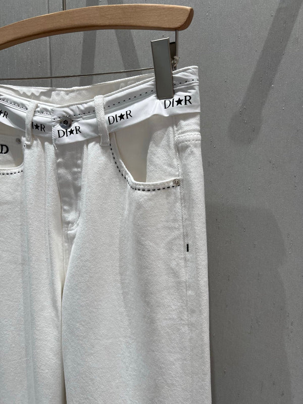 CD 25 Waistband Denim Pants White Cotton 217806