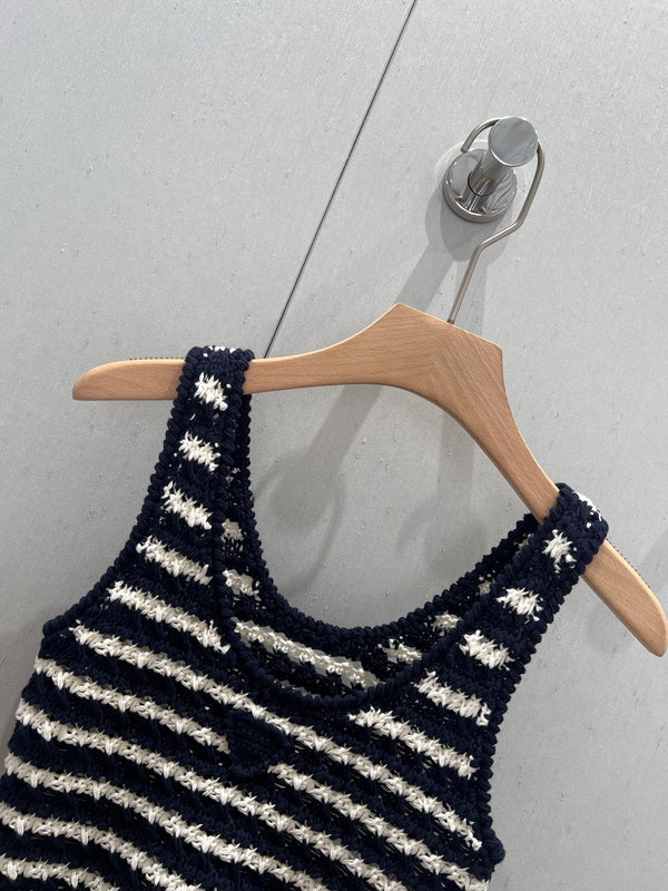 Prada 25 Striped Knitted Crop Top Navy Blue mix White Cotton 219409