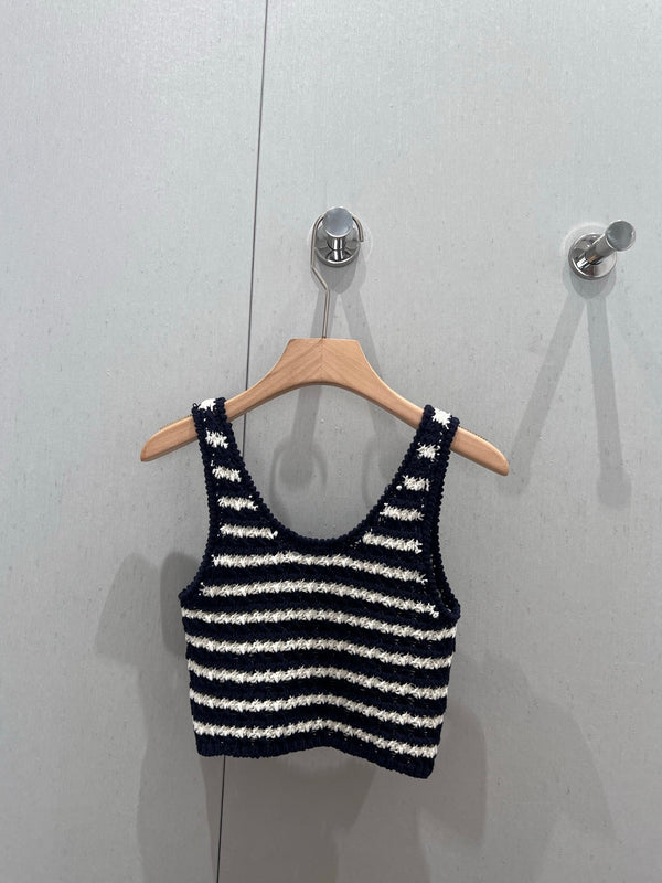 Prada 25 Striped Knitted Crop Top Navy Blue mix White Cotton 219409