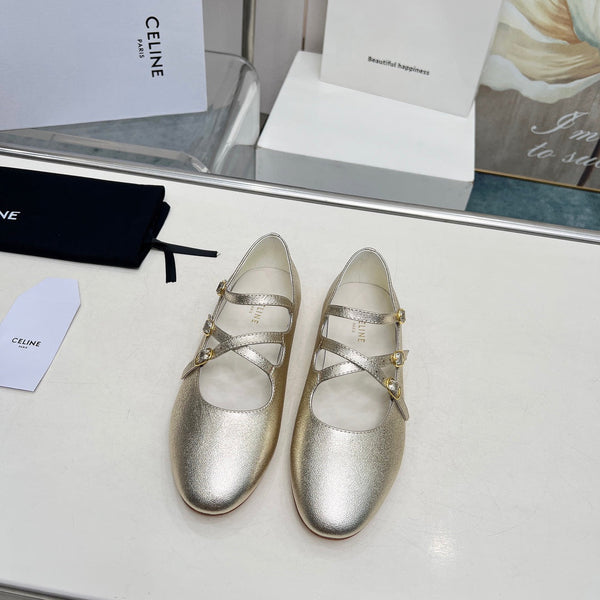 BALLET FLAT WITH CROSSOVER STRAP IN LIGHT GOLD LAMBSKIN