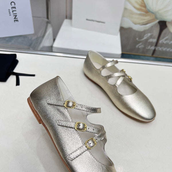 BALLET FLAT WITH CROSSOVER STRAP IN LIGHT GOLD LAMBSKIN