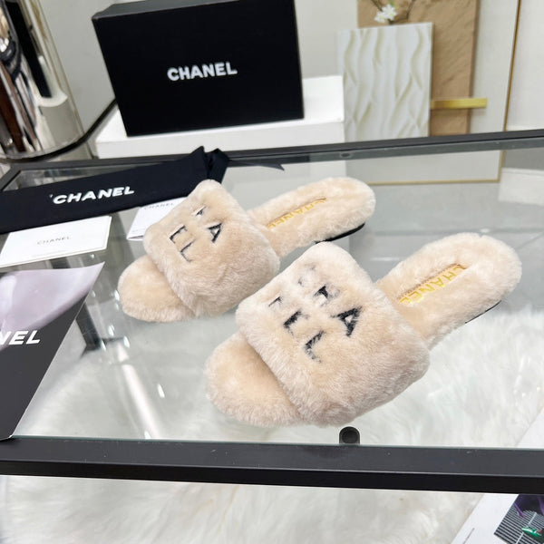 CC Slippers Beige With Black Lettering Fleece