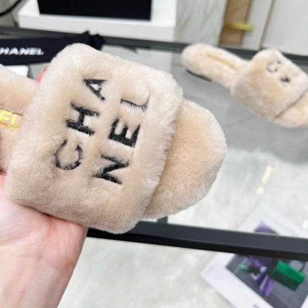 CC Slippers Beige With Black Lettering Fleece