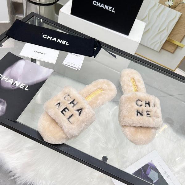 CC Slippers Beige With Black Lettering Fleece