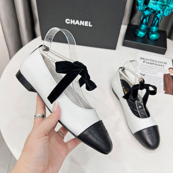 CC Mary Jane White Black Studded With Pearls Lambskin