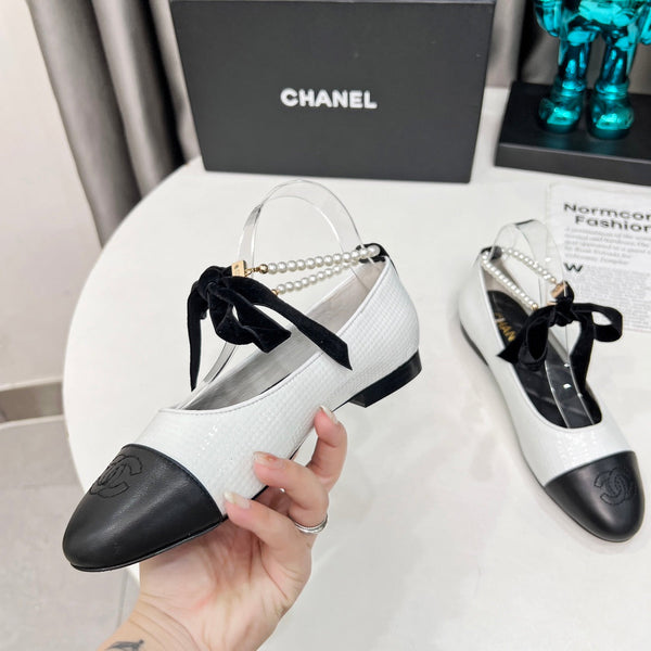 CC Mary Jane White Black Studded With Pearls Lambskin