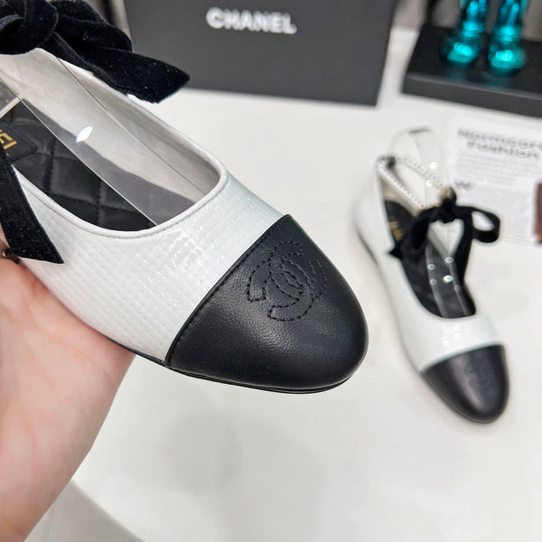 CC Mary Jane White Black Studded With Pearls Lambskin