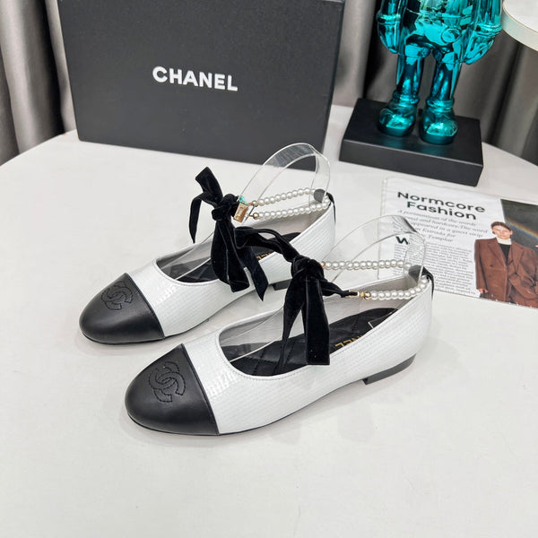 CC Mary Jane White Black Studded With Pearls Lambskin