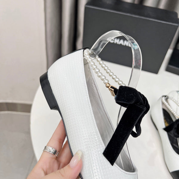 CC Mary Jane White Black Studded With Pearls Lambskin