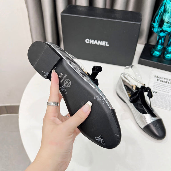 CC Mary Jane White Black Studded With Pearls Lambskin And Cowhide