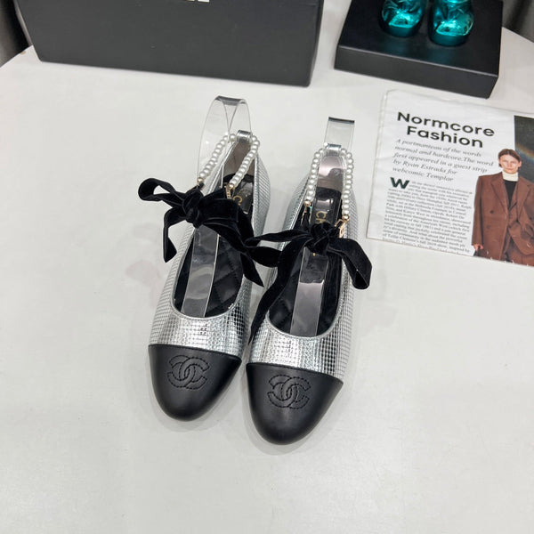 CC Mary Jane White Black Studded With Pearls Lambskin And Cowhide